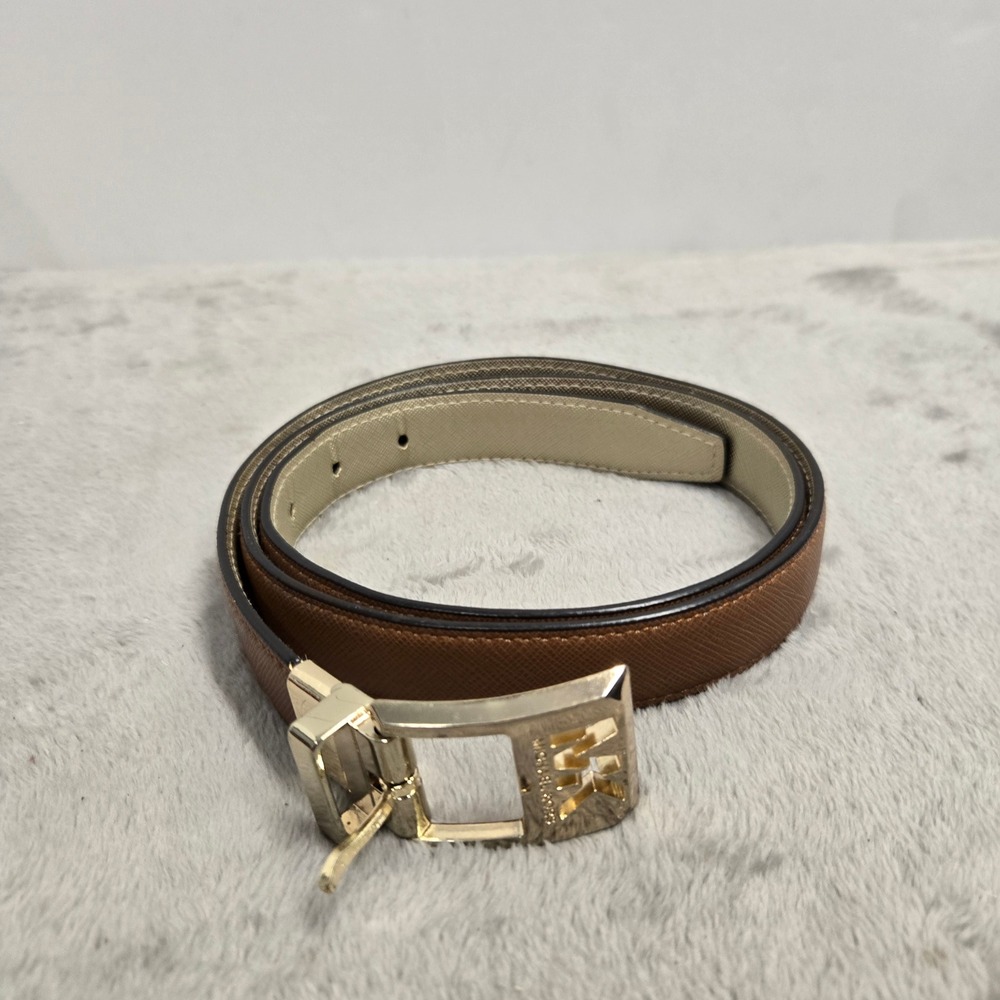 Michael Kors Reversible Saffiano Leather Belt Brown Gold MK Logo Buckle 44 Inch